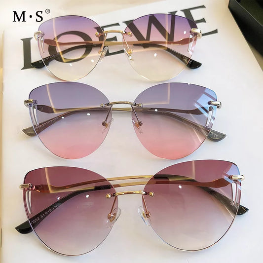 Women Eyewear Gradient Brown Pink Rimless Sun Glasses