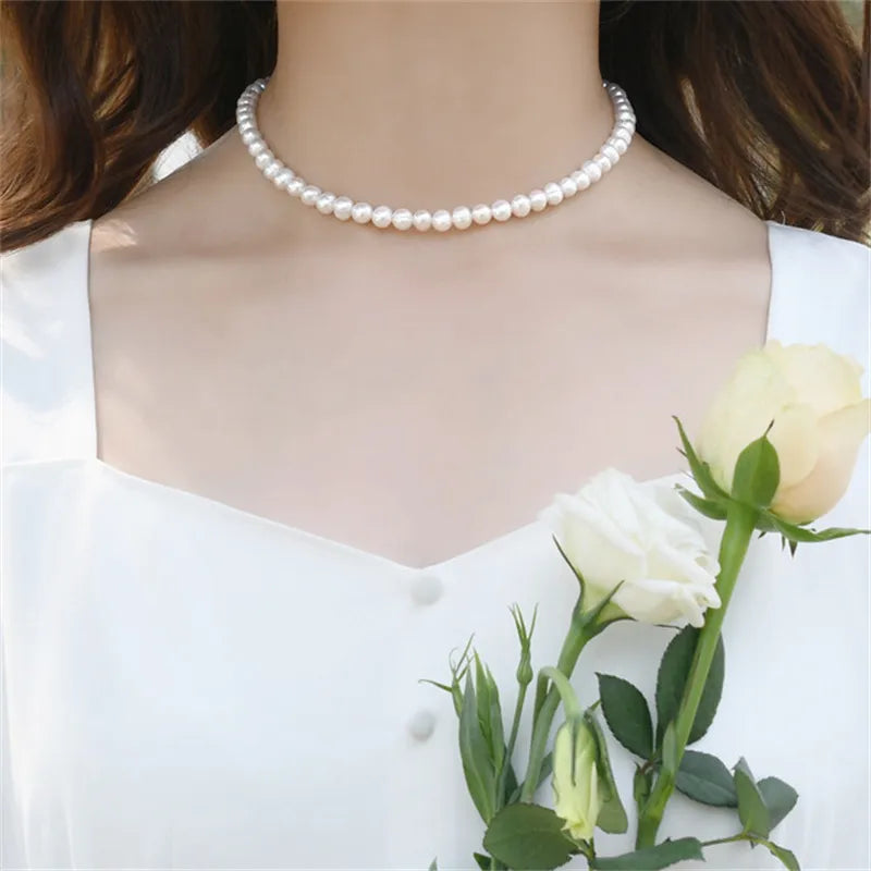 Vintage Style Simple 6MM Pearl Chain Choker Necklace For Women