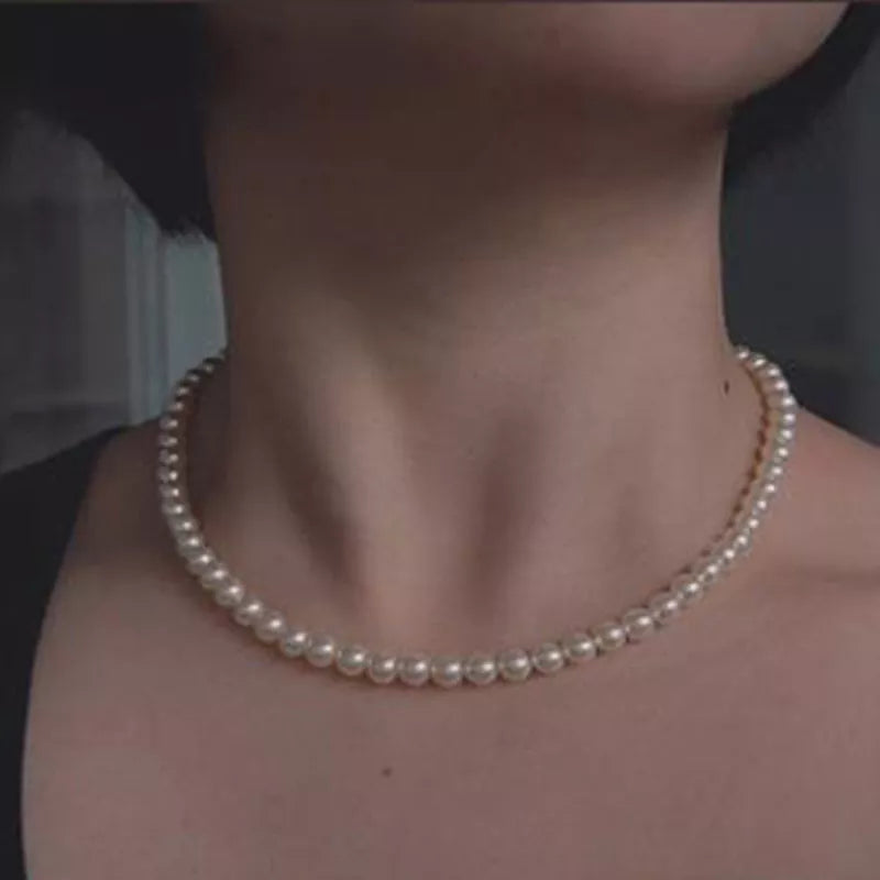 Vintage Style Simple 6MM Pearl Chain Choker Necklace For Women