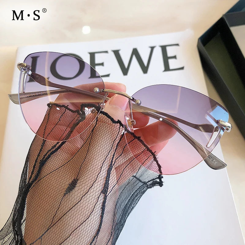 Women Eyewear Gradient Brown Pink Rimless Sun Glasses