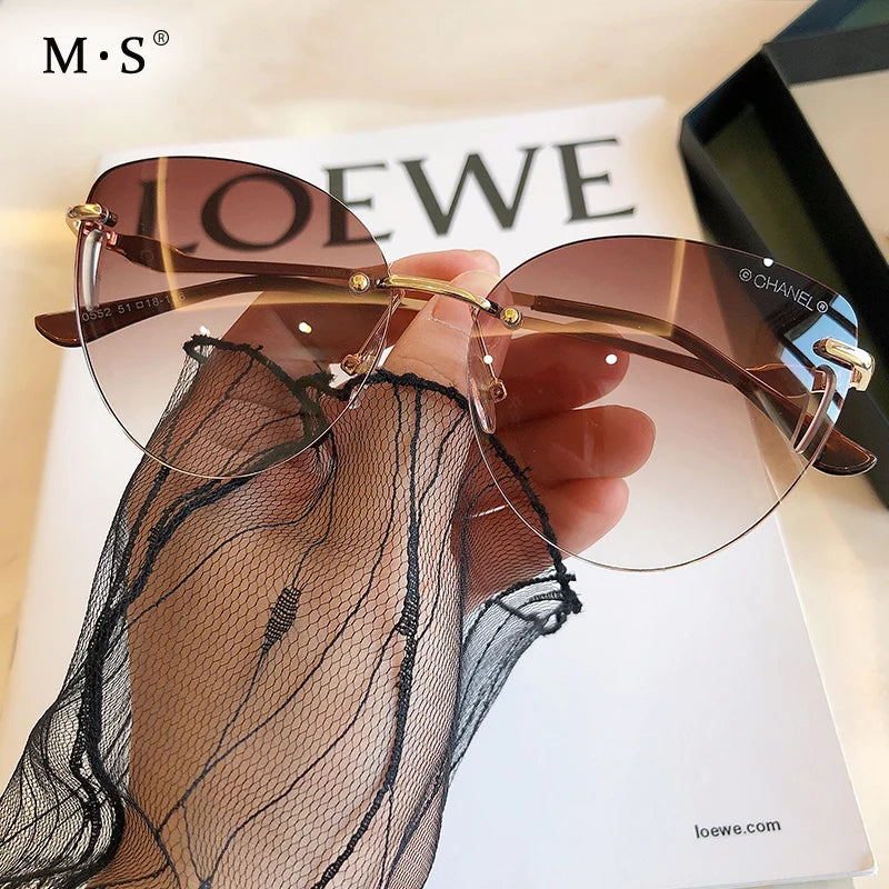 Women Eyewear Gradient Brown Pink Rimless Sun Glasses