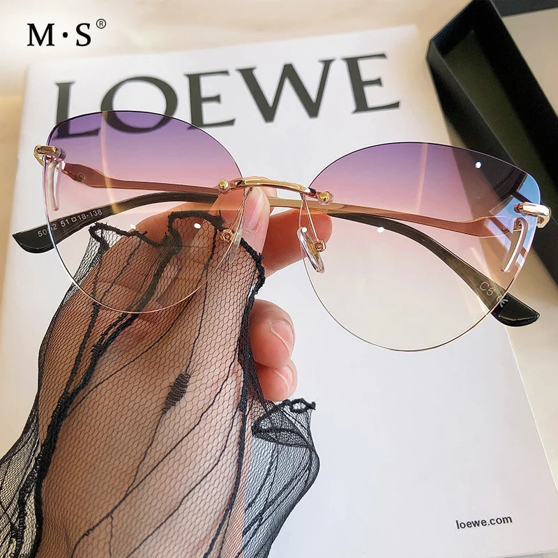 Women Eyewear Gradient Brown Pink Rimless Sun Glasses