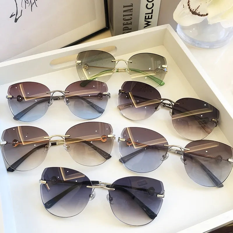 Gradient Brown Pink Rimless Sun Glasses for Female