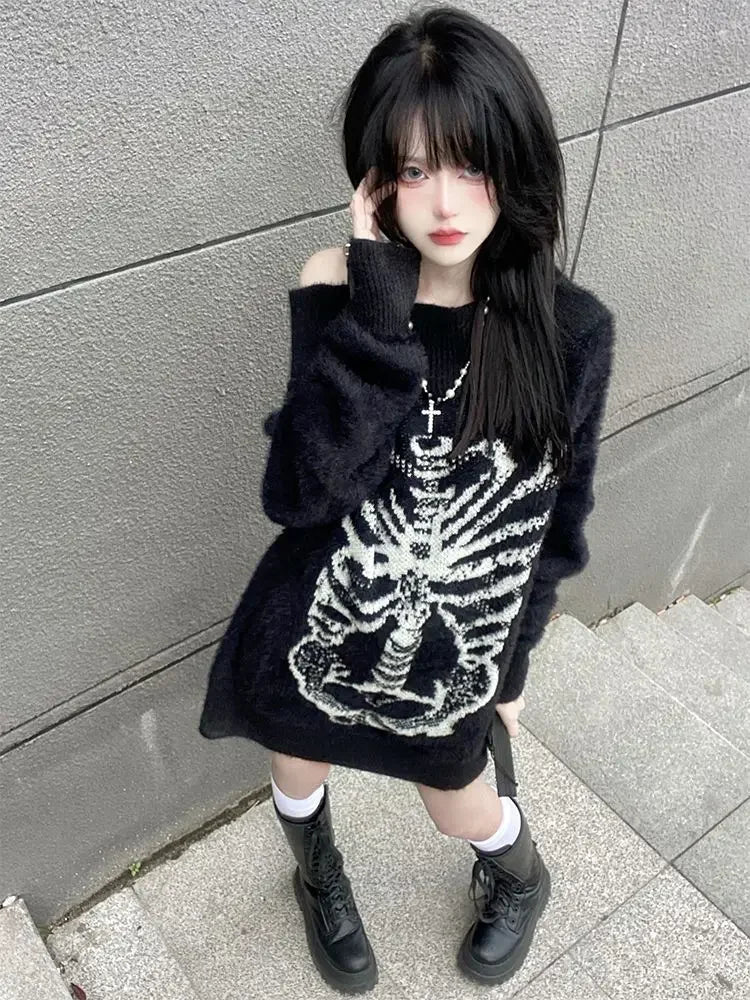 Goth Punk Knitted Black Long Sleeve Tops