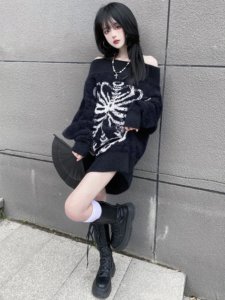 Goth Punk Knitted Black Long Sleeve Tops