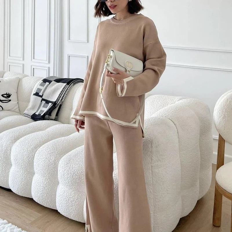 Elegant O-neck Long Sleeve Side Slit Pullover Sweater+wide Leg Pants 2 Piece Sets