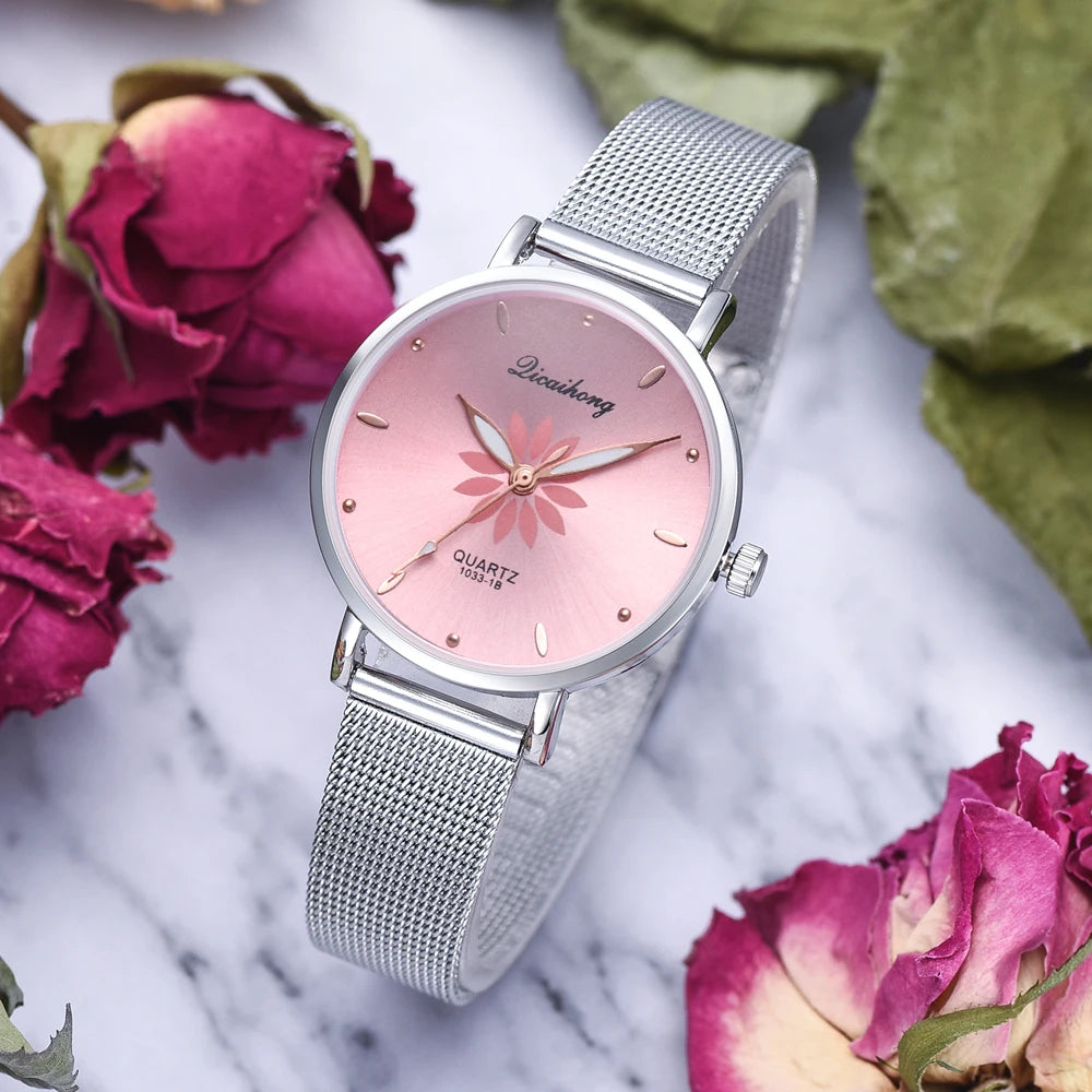 Women Luxury Silver Popular Pink Dial Flowers watches