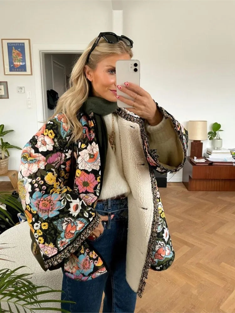 Vintage Flower Printed Patchwork Cotton Jacket