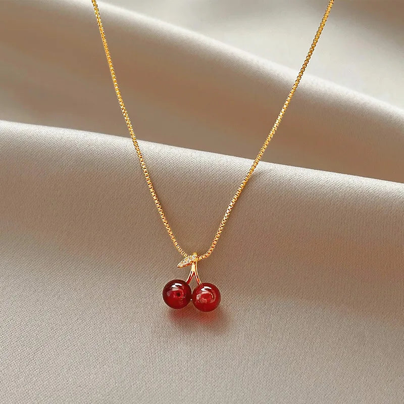 New Wine Red Cherry Gold Colour Pendant Necklace