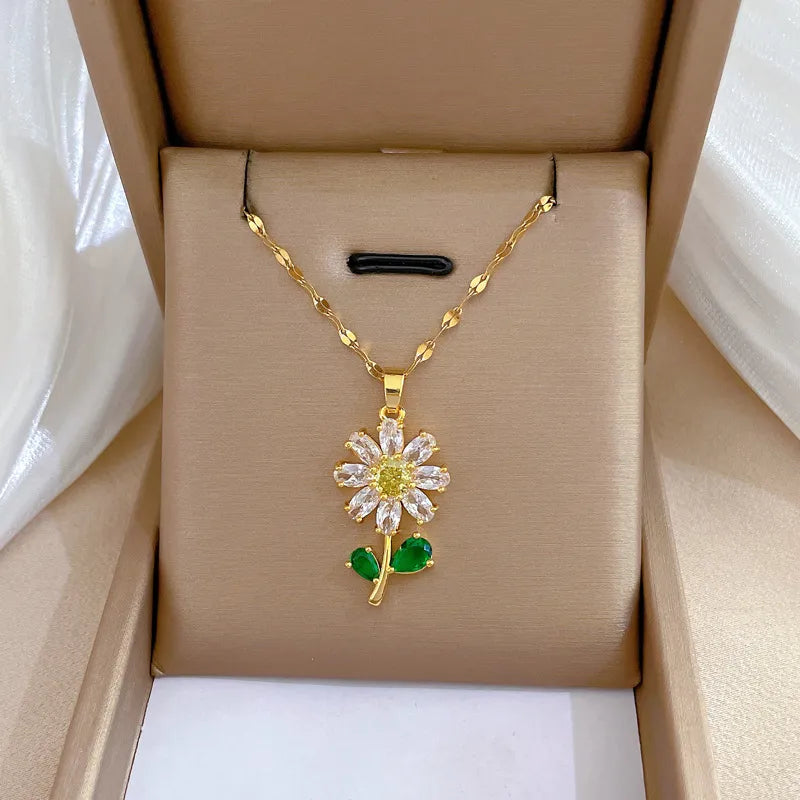 Fashionable Charming White Green Leaf Sunflower Necklace and Earrings Set