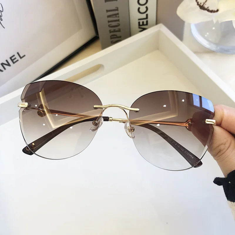 Gradient Brown Pink Rimless Sun Glasses for Female