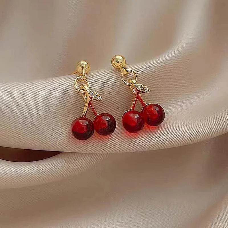 Wine Red Cherry Gold Colour Pendant Necklace Earrings set