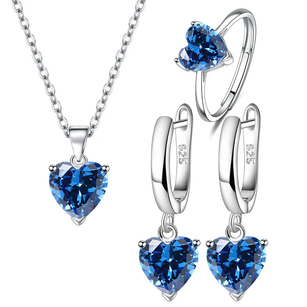 Women Heart Zircon Ring Earrings Necklace set