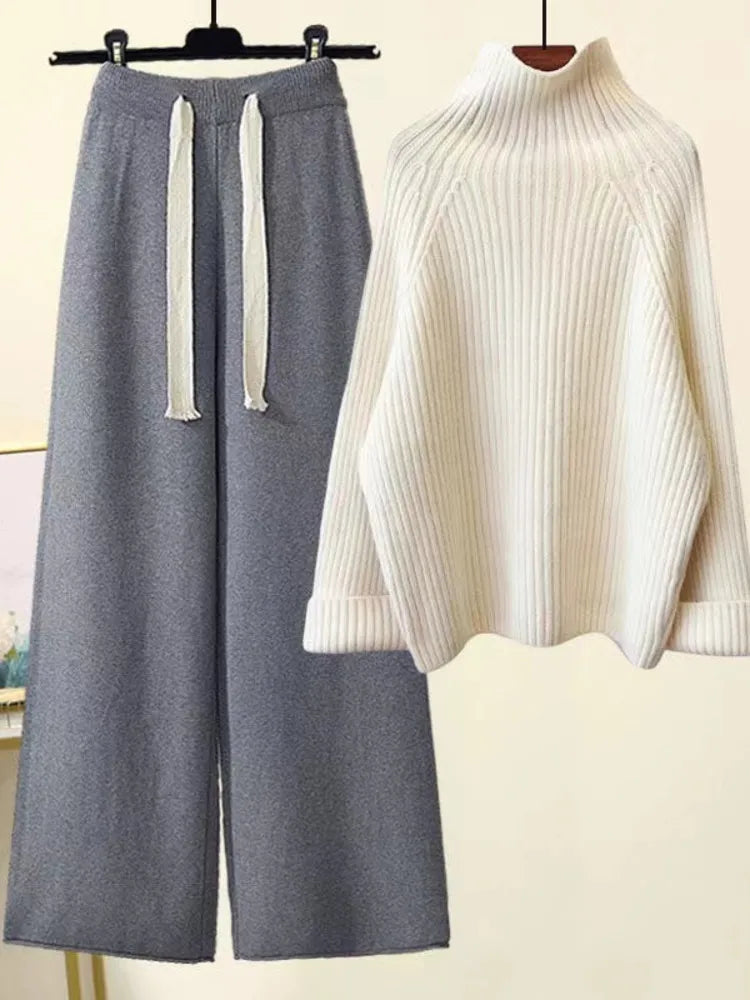 Long Sleeve Half Turtleneck Knitting Sweater And Wide Leg Pants Sets