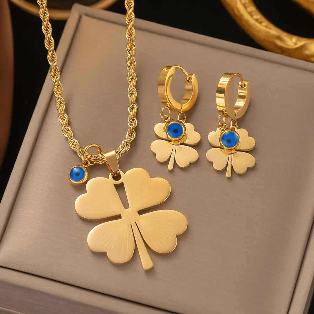 Fashion Four-leaf Clover Stainless Steel Earrings Necklace Set