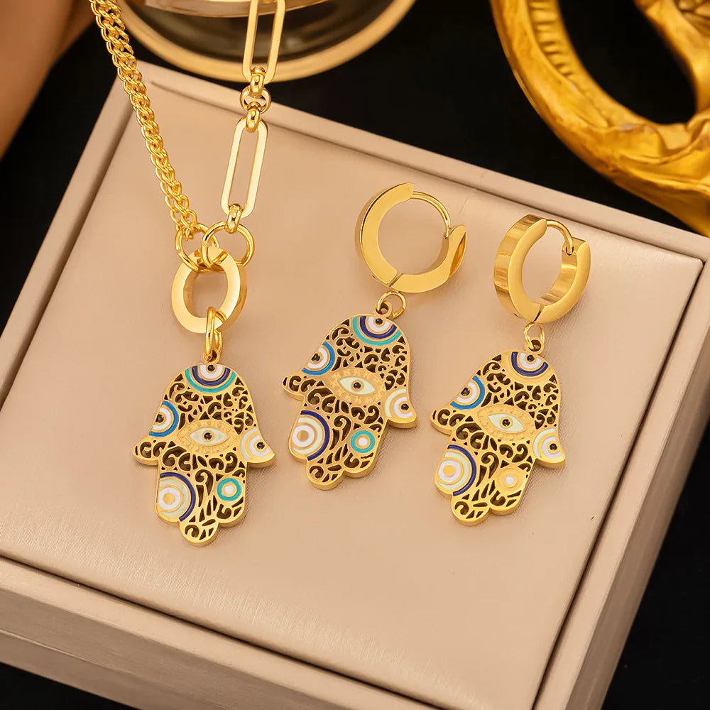 Fashion Four-leaf Clover Stainless Steel Earrings Necklace Set