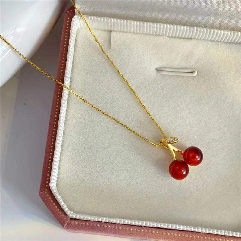 Wine Red Cherry Gold Colour Pendant Necklace Earrings set