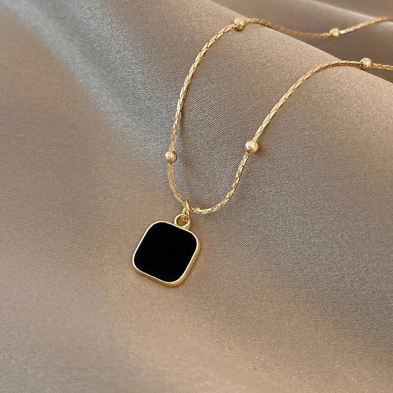 Stainless Steel Necklaces Black Exquisite Minimalist Square Pendant necklace