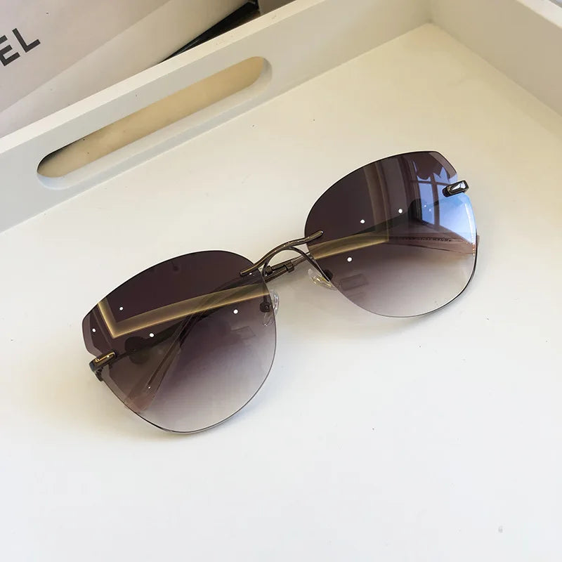 Gradient Brown Pink Rimless Sun Glasses for Female