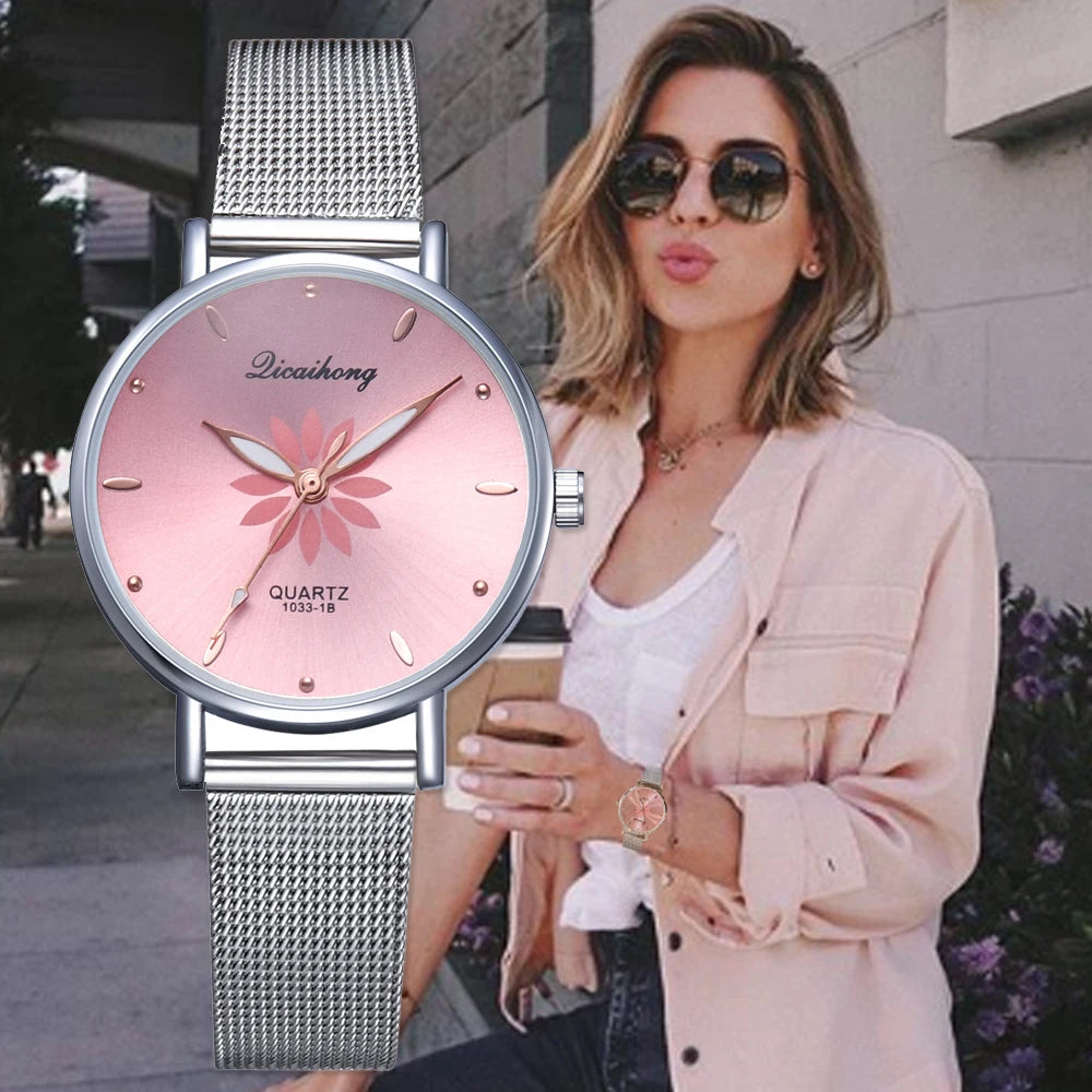 Women Luxury Silver Popular Pink Dial Flowers watches