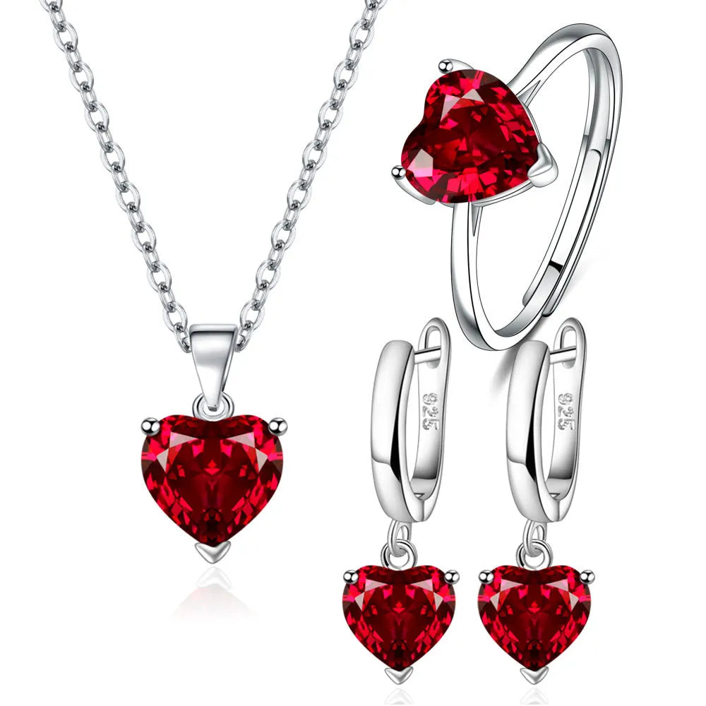 Women Heart Zircon Ring Earrings Necklace set