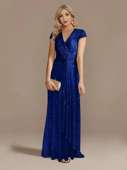 New Luxury Blue V-Neck Sequin Evening Dress