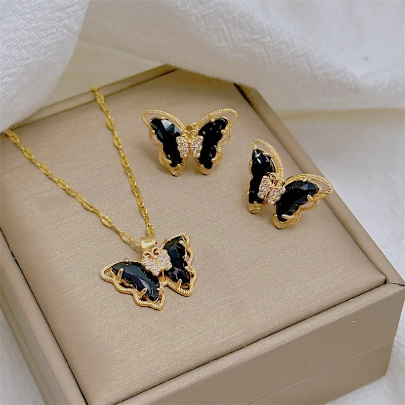 Fashion Cute Micro-inlaid Butterfly Necklace Earrings Set