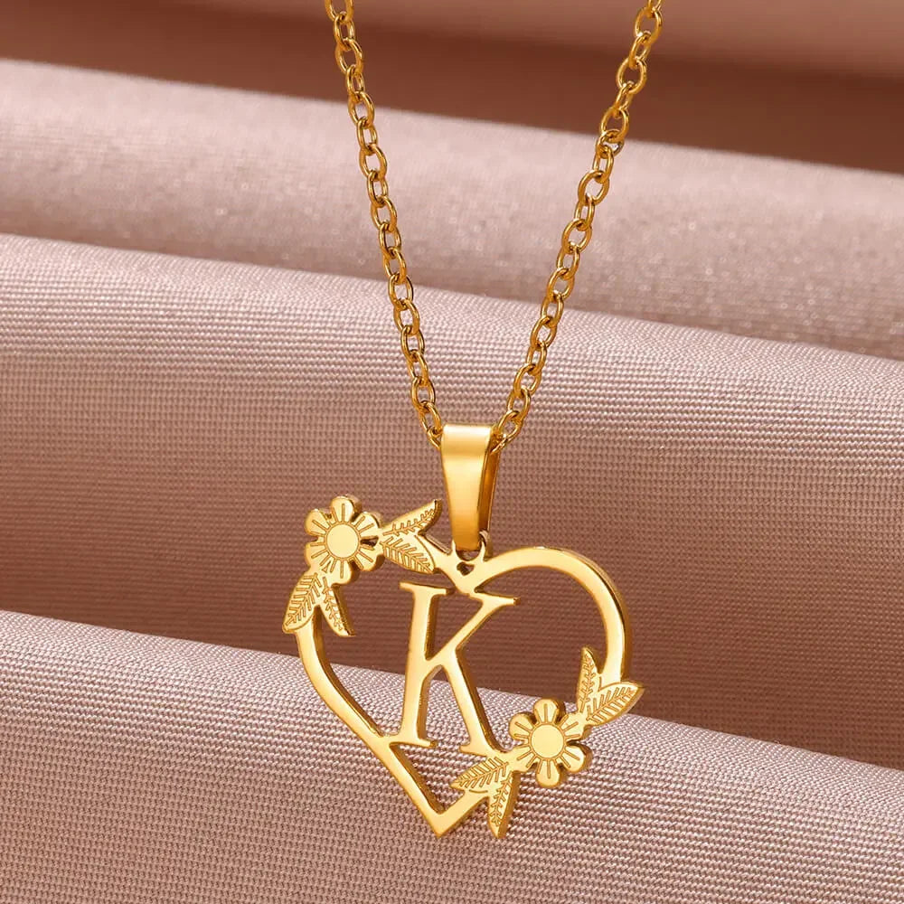 Gold Color Dainty Flower Initials Necklace