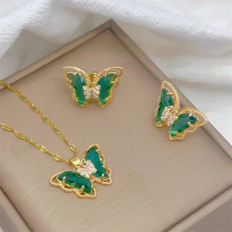 Fashion Cute Micro-inlaid Butterfly Necklace Earrings Set