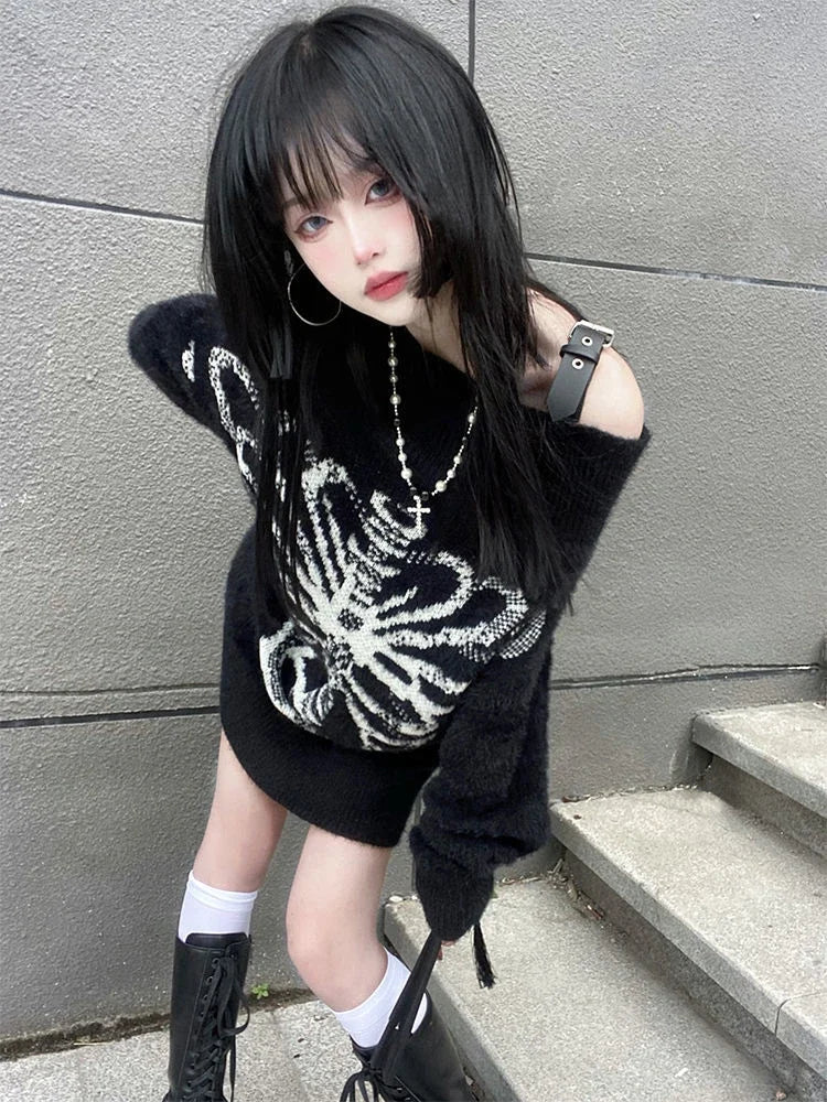 Goth Punk Knitted Black Long Sleeve Tops