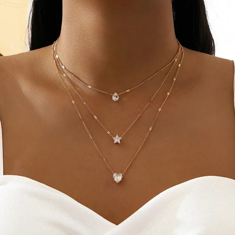 Crystal Zircon Heart Star Charm Layered Pendant Necklace Set for Women