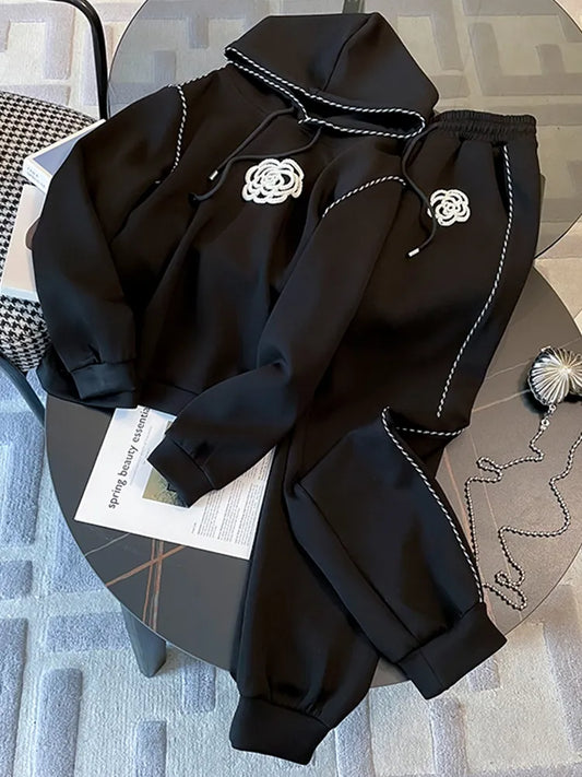 Dimensional Flower Hooded Black Hoodies+Casual Pants Suit