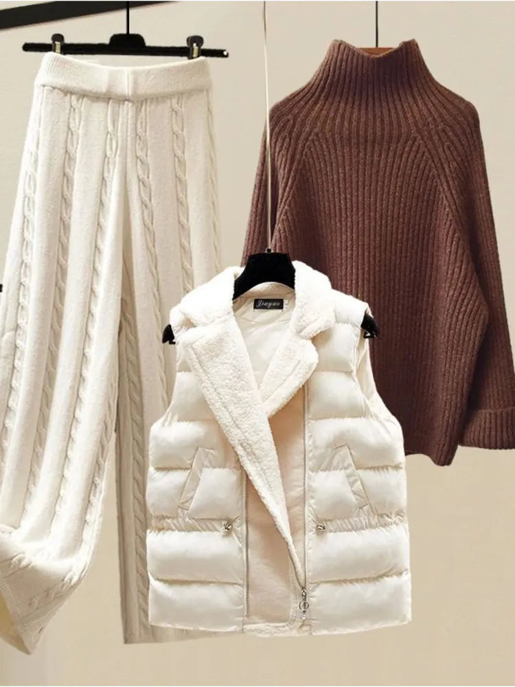 Turtleneck Knitted Sweater+woolen Parkas Vest+wide Leg Knitting Pants Sets