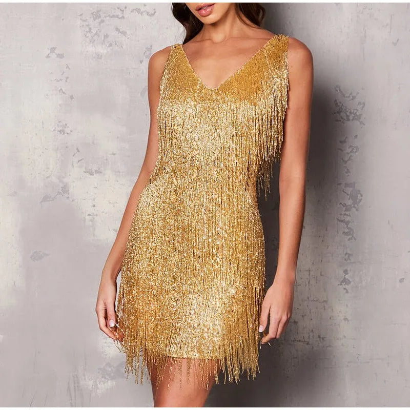 New Tassel Sequins Feather Mini Dress