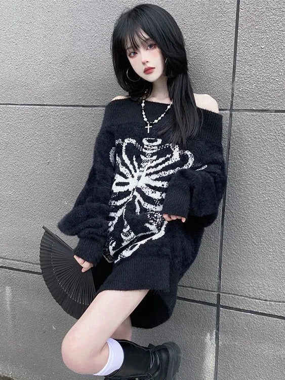 Goth Punk Knitted Black Long Sleeve Tops