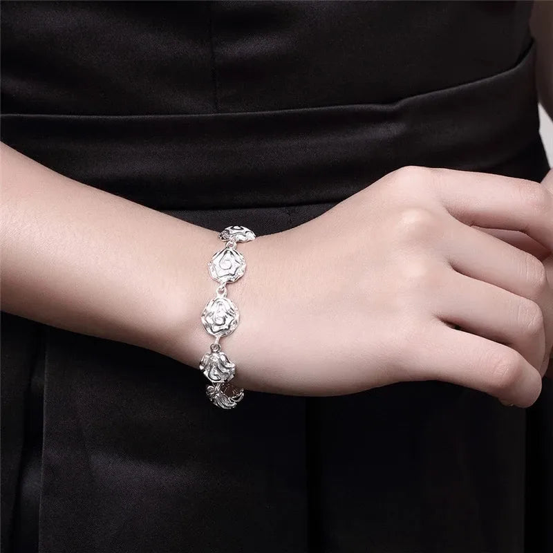 romantic Rose flower 925 Sterling Silver rings Bracelets necklaces stud earrings Jewelry set