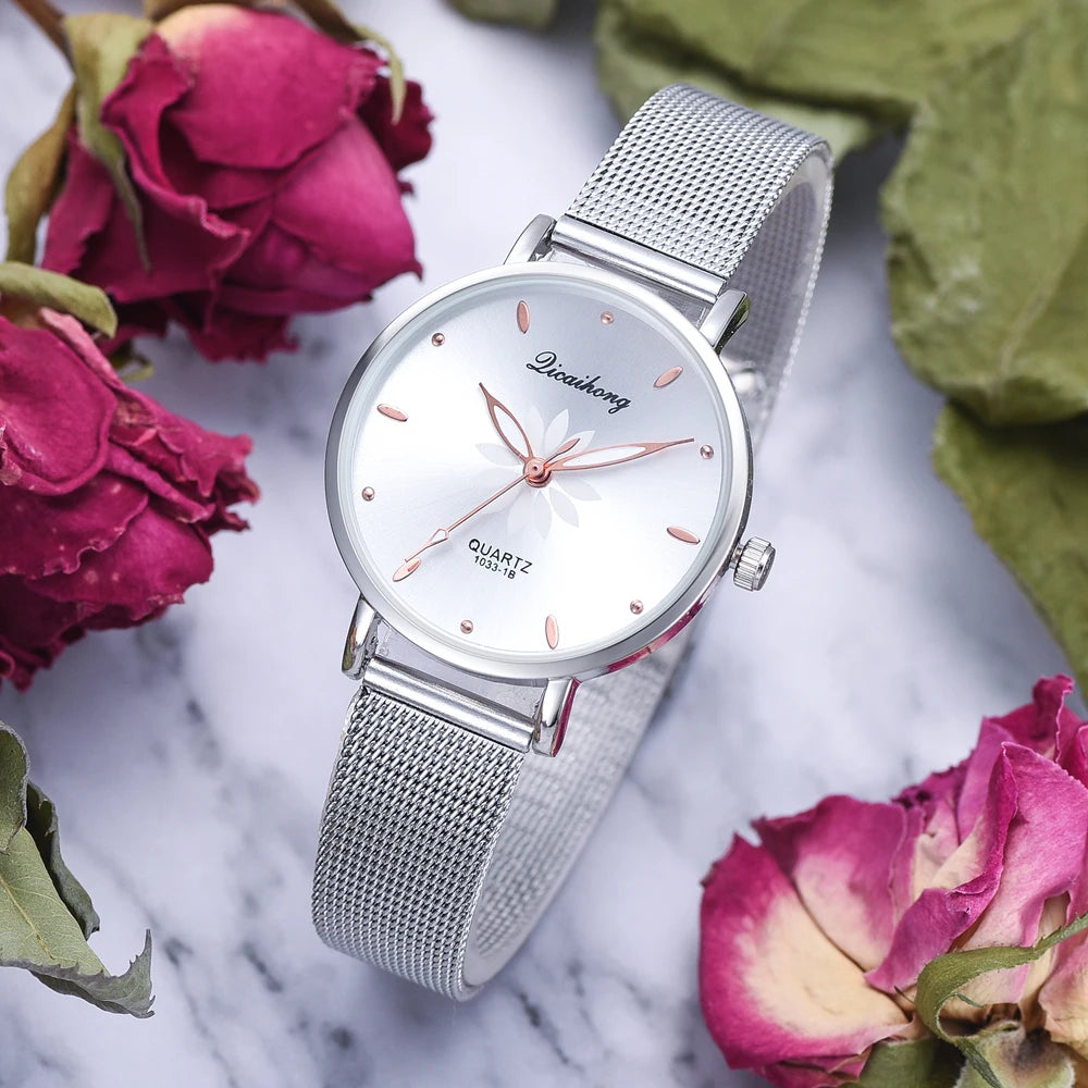 Women Luxury Silver Popular Pink Dial Flowers watches