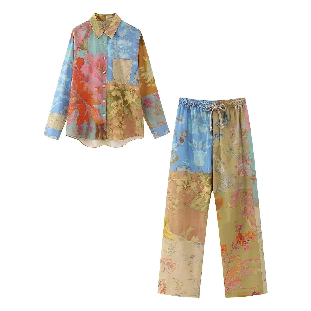 KONDALA Vintage Tie Dye Print Women Suit Single Breasted Blouse Straight Long Loose Pants New Fashion 2023 Summer Boho Sets