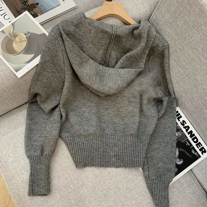 Casual Zip Up Knitted Hooded Cropped Sweater