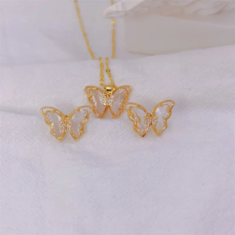 Fashion Cute Micro-inlaid Butterfly Necklace Earrings Set