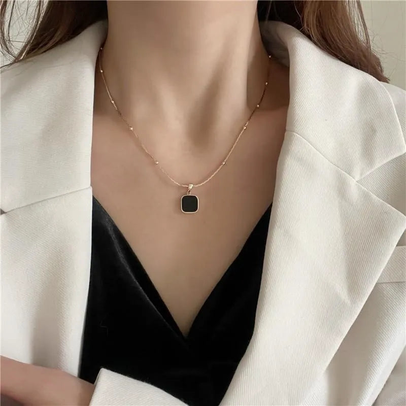 Stainless Steel Necklaces Black Exquisite Minimalist Square Pendant necklace