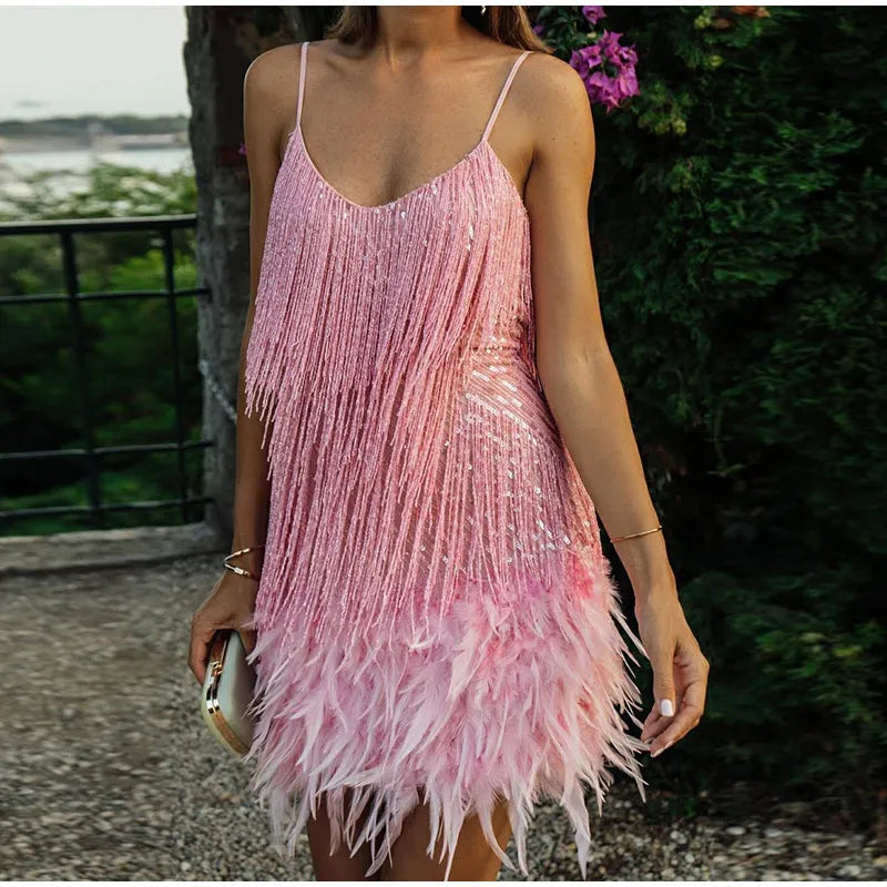 New Tassel Sequins Feather Mini Dress