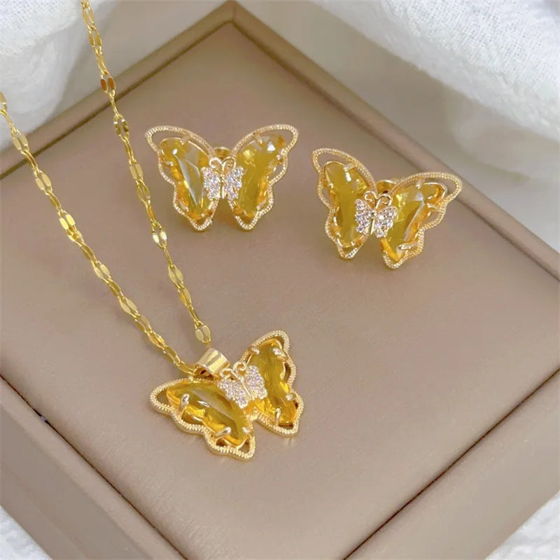 Fashion Cute Micro-inlaid Butterfly Necklace Earrings Set