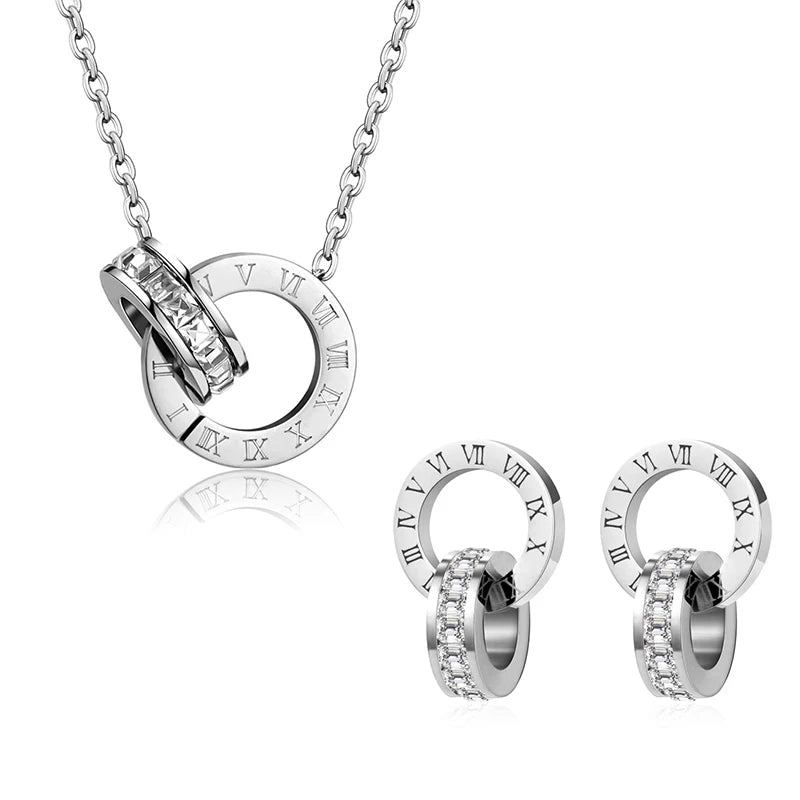 Classic Roman Crystal Stainless Steel Earrings Necklace for Women