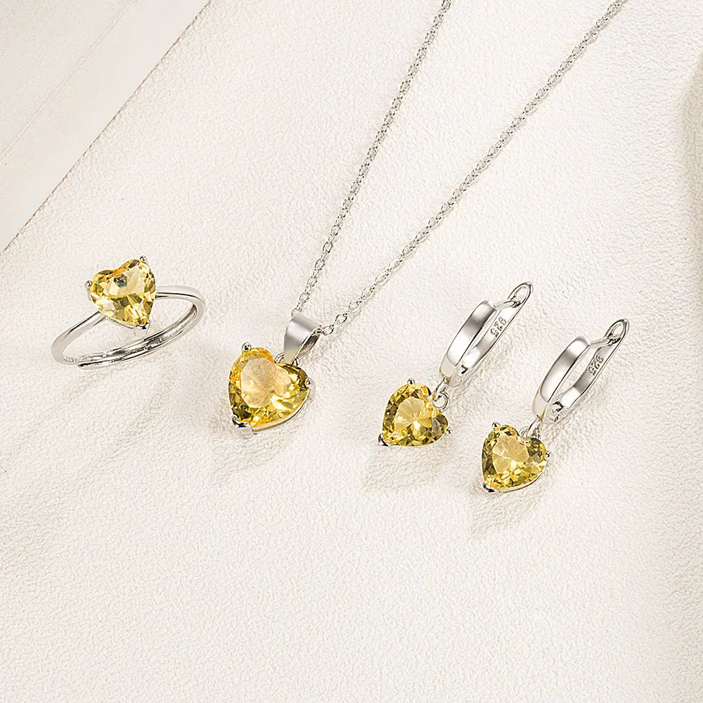 Women Heart Zircon Ring Earrings Necklace set