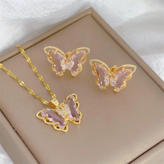 Fashion Cute Micro-inlaid Butterfly Necklace Earrings Set