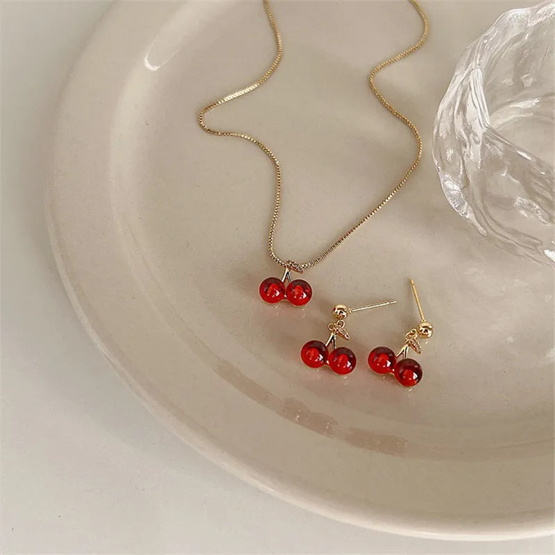 Wine Red Cherry Gold Colour Pendant Necklace Earrings set