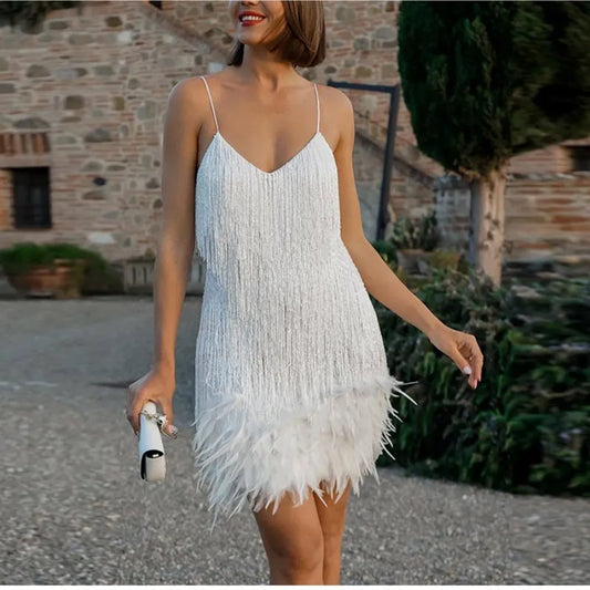 New Tassel Sequins Feather Mini Dress