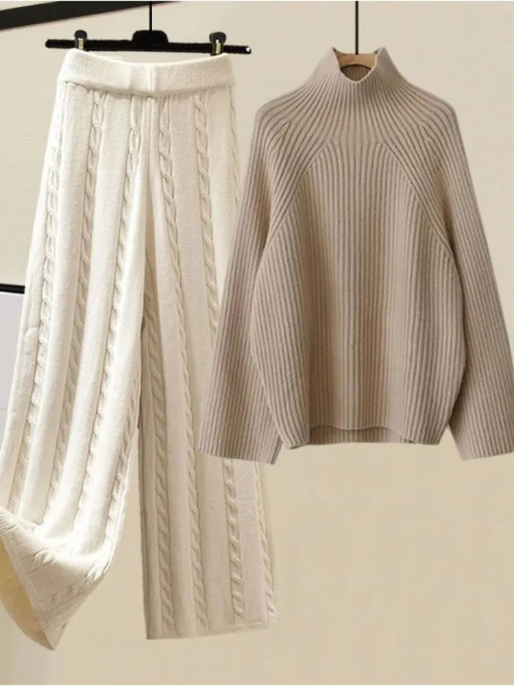 Turtleneck Knitted Sweater+woolen Parkas Vest+wide Leg Knitting Pants Sets