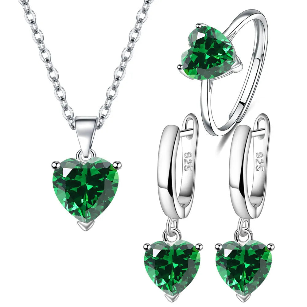 Women Heart Zircon Ring Earrings Necklace set